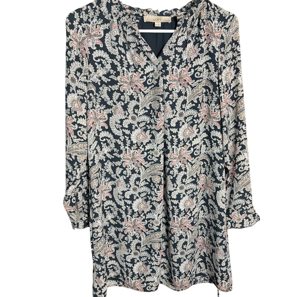 LOFT Petite XSP Navy‎ Paisley Floral Blouse Boho 3/4 Sleeve Shift Dress